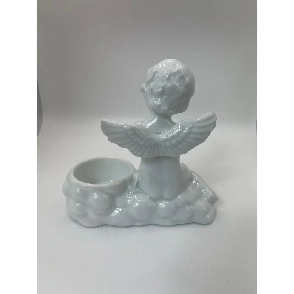 2 White Glazed Porcelain‎ Cherub Putti Cupid Taper Candle Holder Victorian